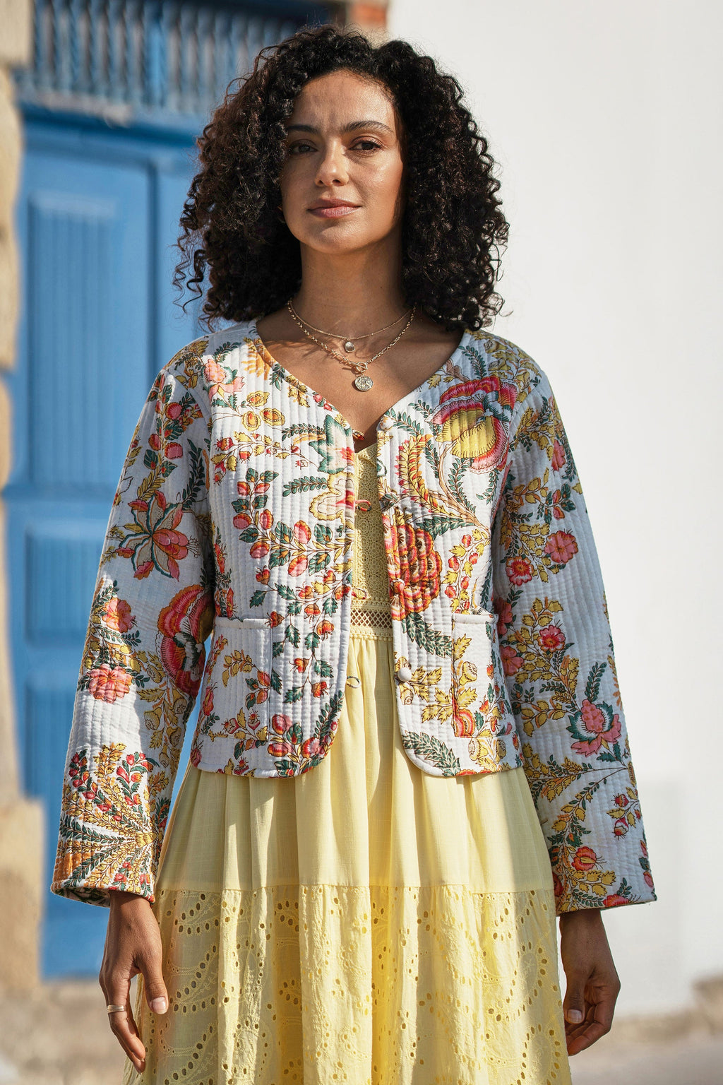 Yumi White Boho Print Cotton Reversible Quilted Jacket - QHA UK