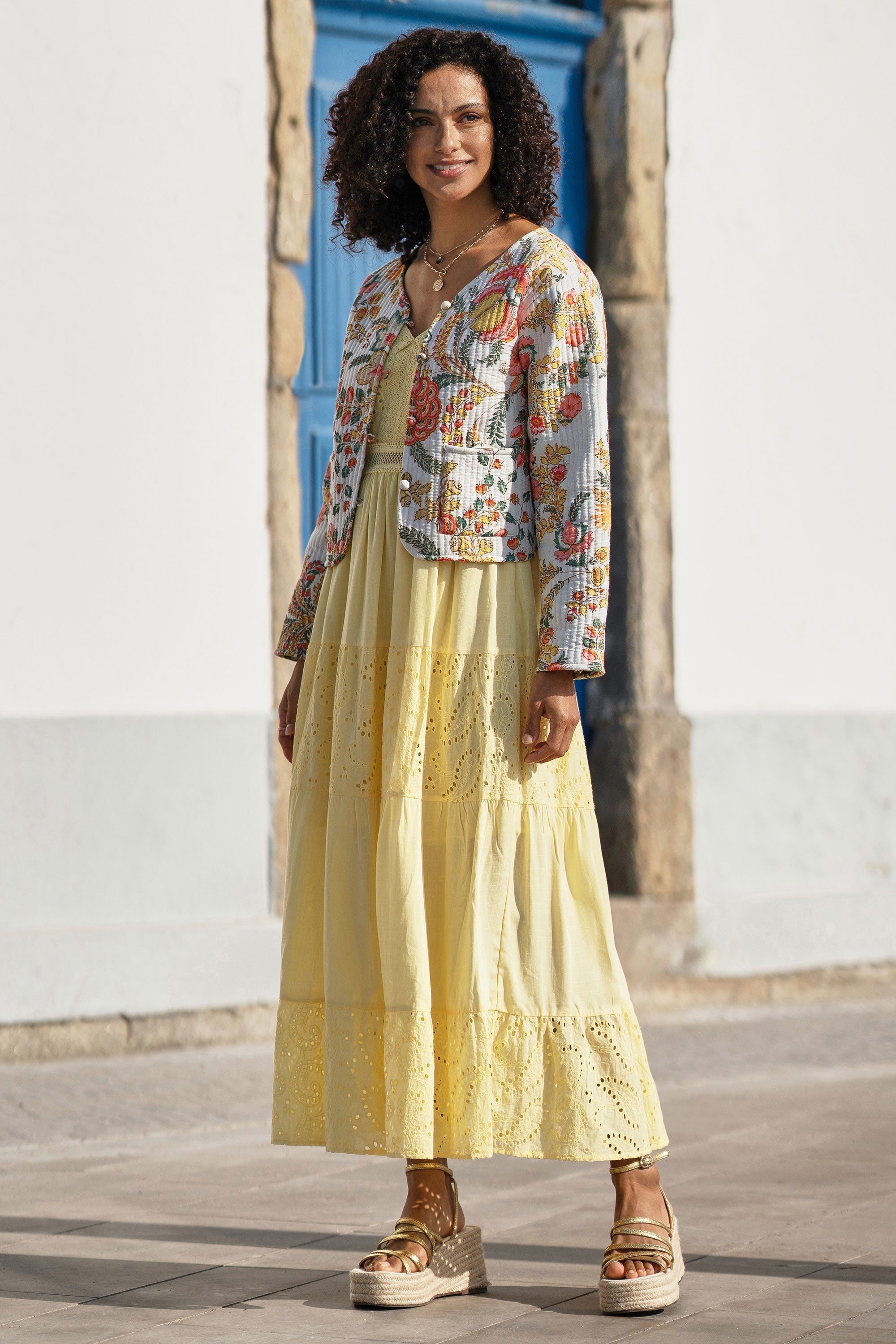 Yumi White Boho Print Cotton Reversible Quilted Jacket - QHA UK