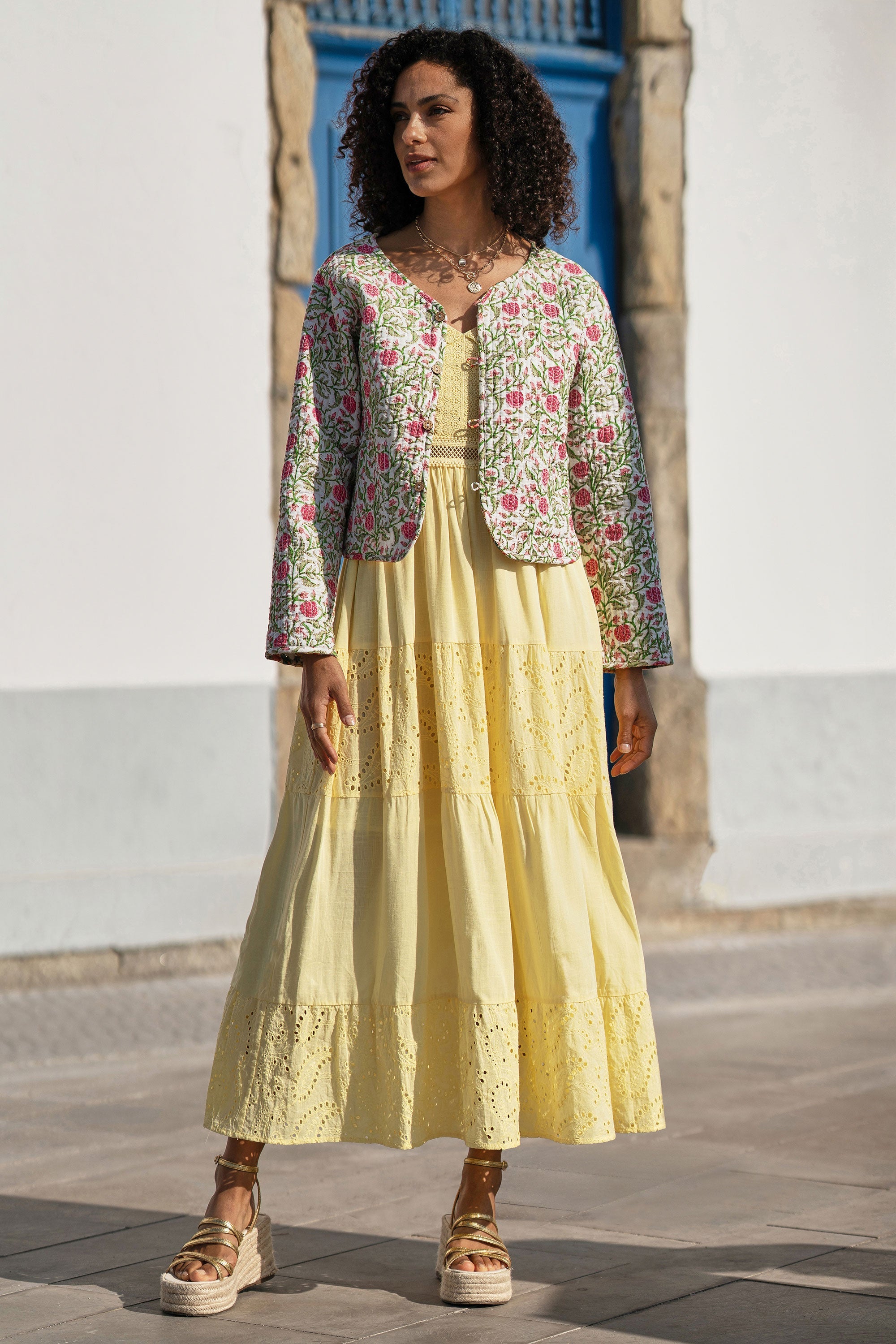 Yumi White Boho Print Cotton Reversible Quilted Jacket - QHA UK