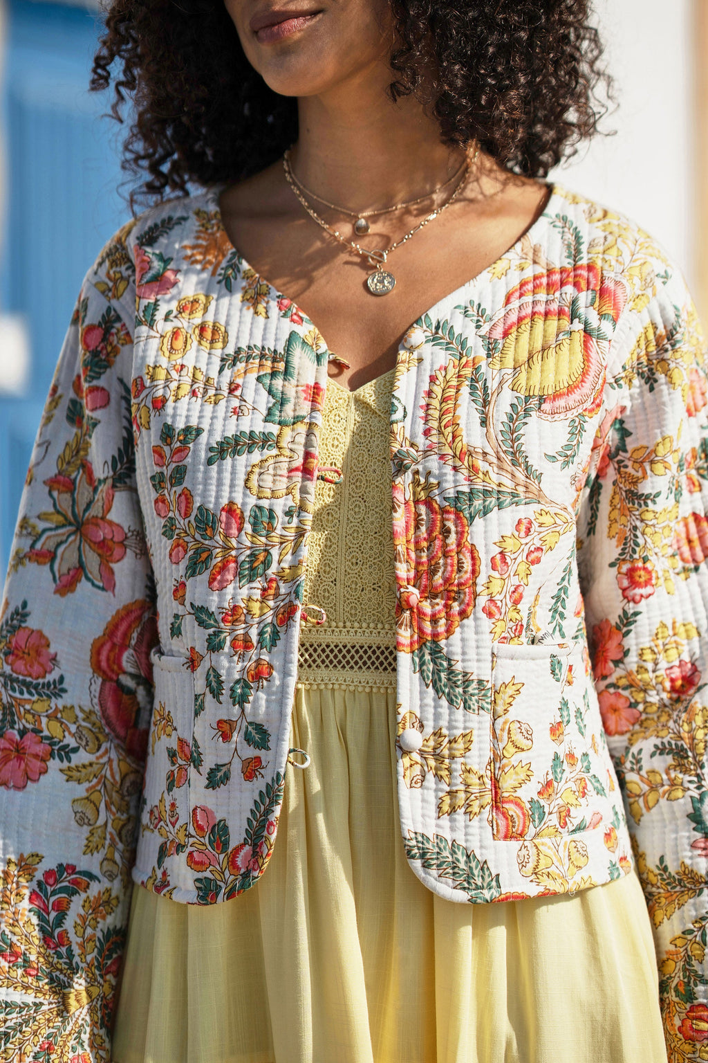 Yumi White Boho Print Cotton Reversible Quilted Jacket - QHA UK