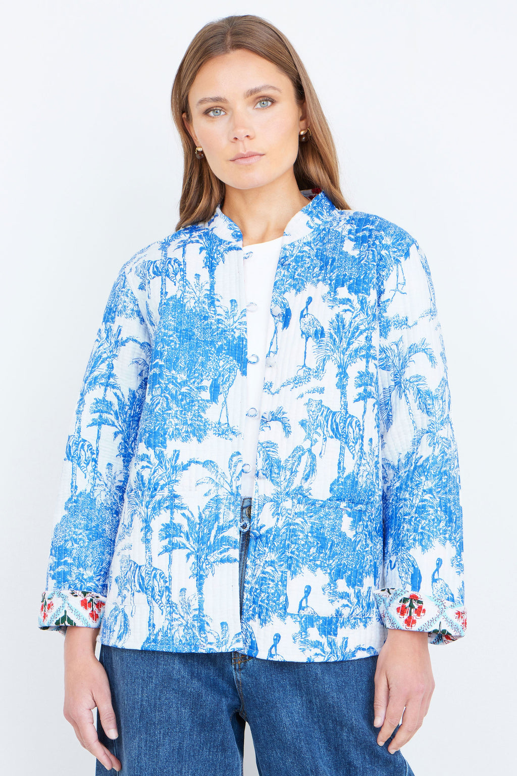 Yumi Blue Palm Reversible Cotton Quilted Jacket - QHA UK
