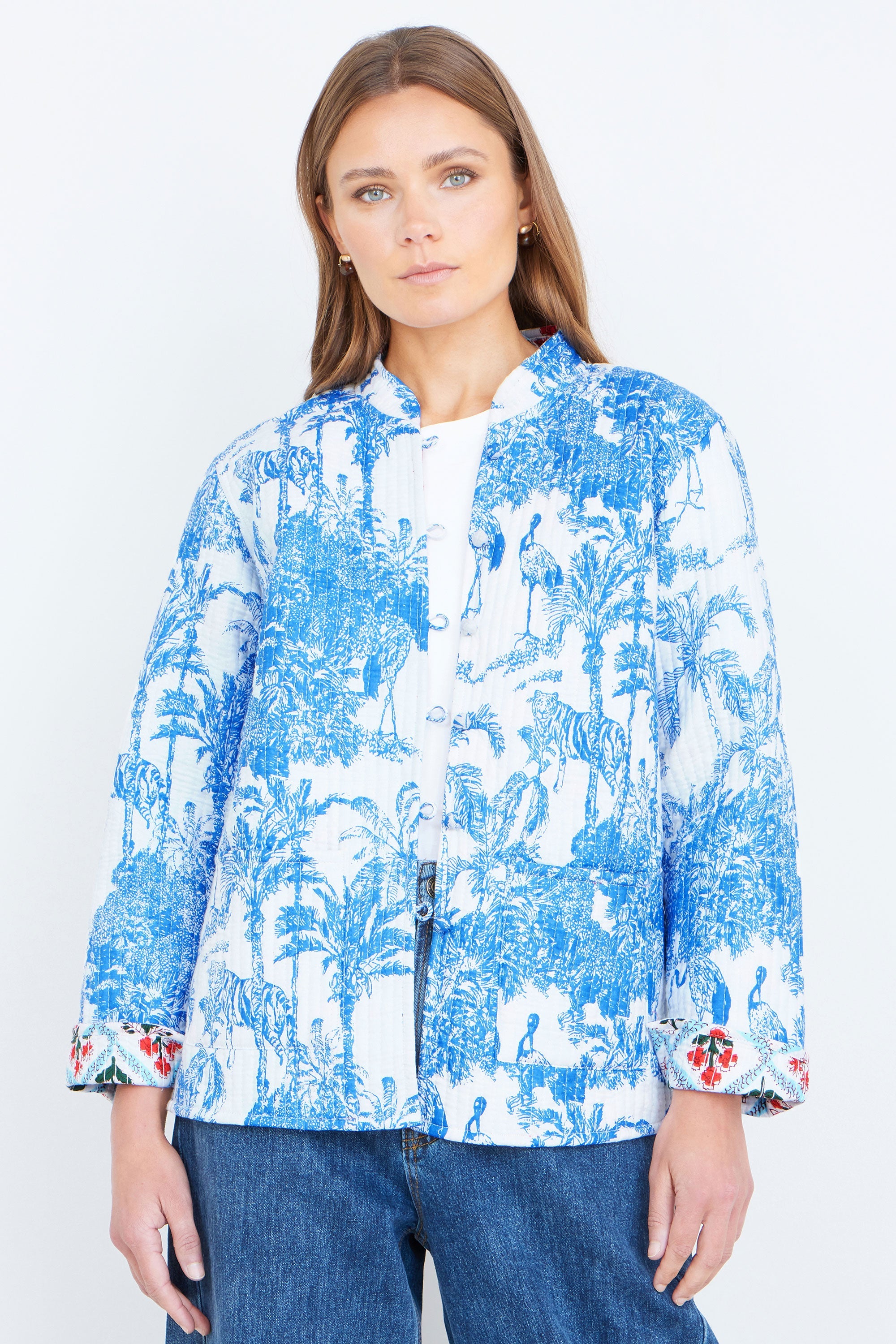 Yumi Blue Palm Reversible Cotton Quilted Jacket - QHA UK