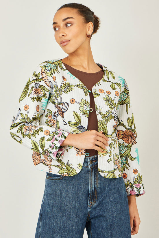 Yumi White Botanical Print Reversible Cotton Quilted Jacket - QHA UK