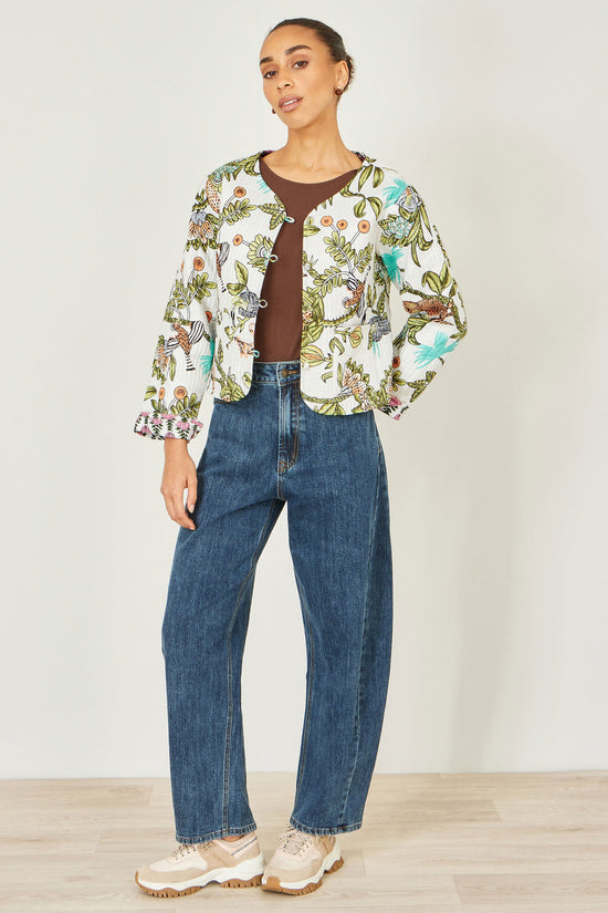 Yumi White Botanical Print Reversible Cotton Quilted Jacket - QHA UK