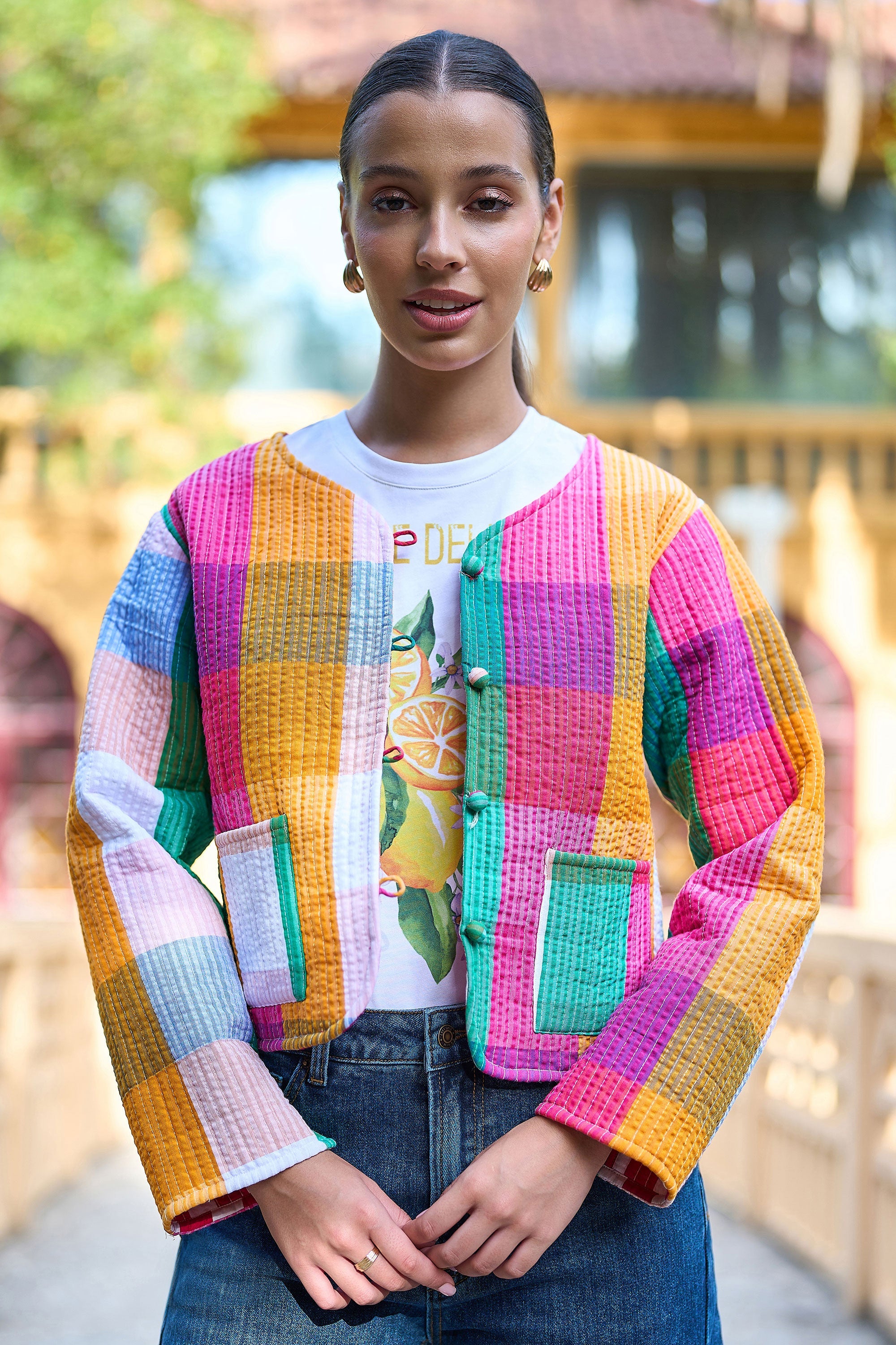 Yumi Multicolour Checked Cropped Reversible Cotton Quilted Jacket - QHA UK