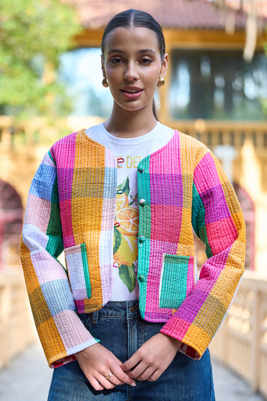 Yumi Multicolour Checked Cropped Reversible Cotton Quilted Jacket - QHA UK