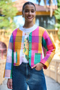 Yumi Multicolour Checked Cropped Reversible Cotton Quilted Jacket - QHA UK