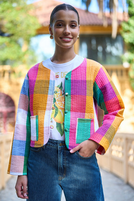 Yumi Multicolour Checked Cropped Reversible Cotton Quilted Jacket - QHA UK
