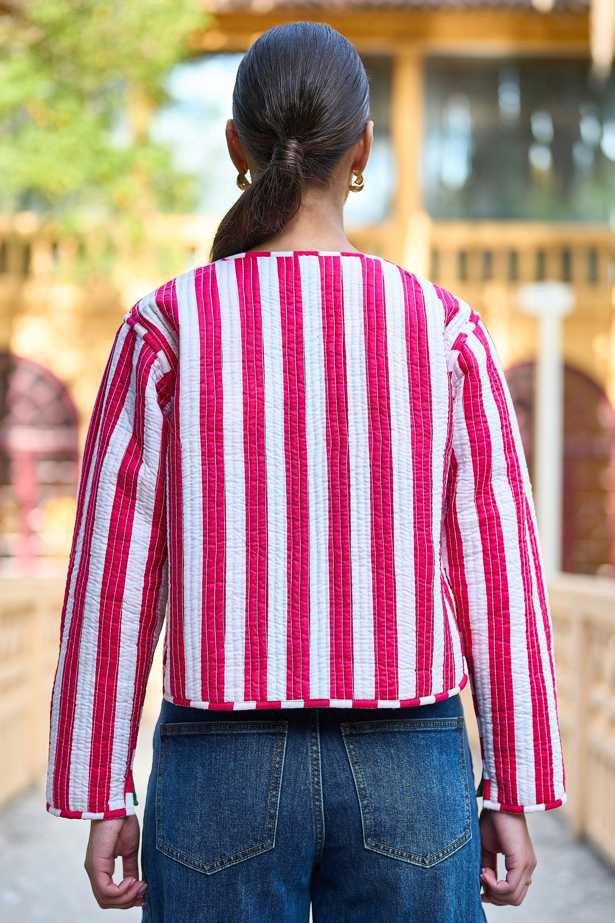 Yumi Multicolour Checked Cropped Reversible Cotton Quilted Jacket - QHA UK