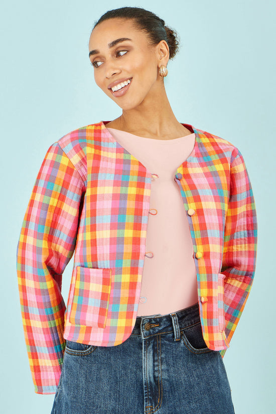 Yumi Multicolour Checked Reversible Cotton Quilted Jacket - QHA UK