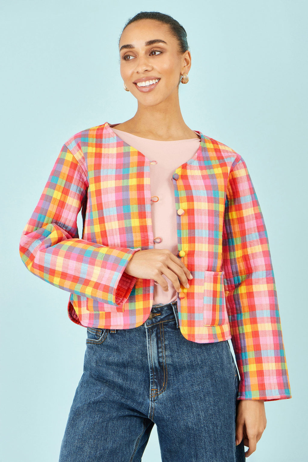 Yumi Multicolour Checked Reversible Cotton Quilted Jacket - QHA UK