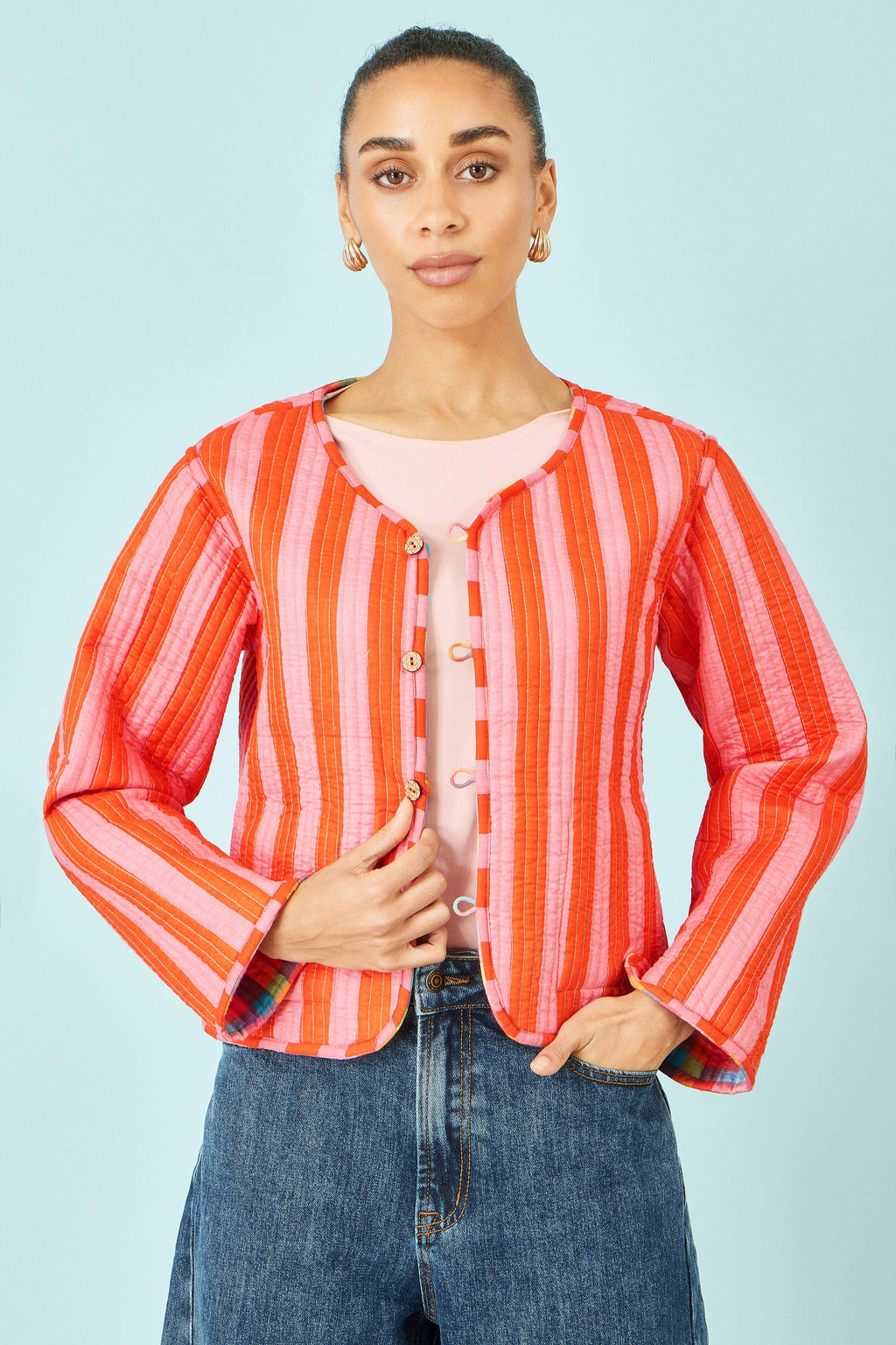 Yumi Multicolour Checked Reversible Cotton Quilted Jacket - QHA UK