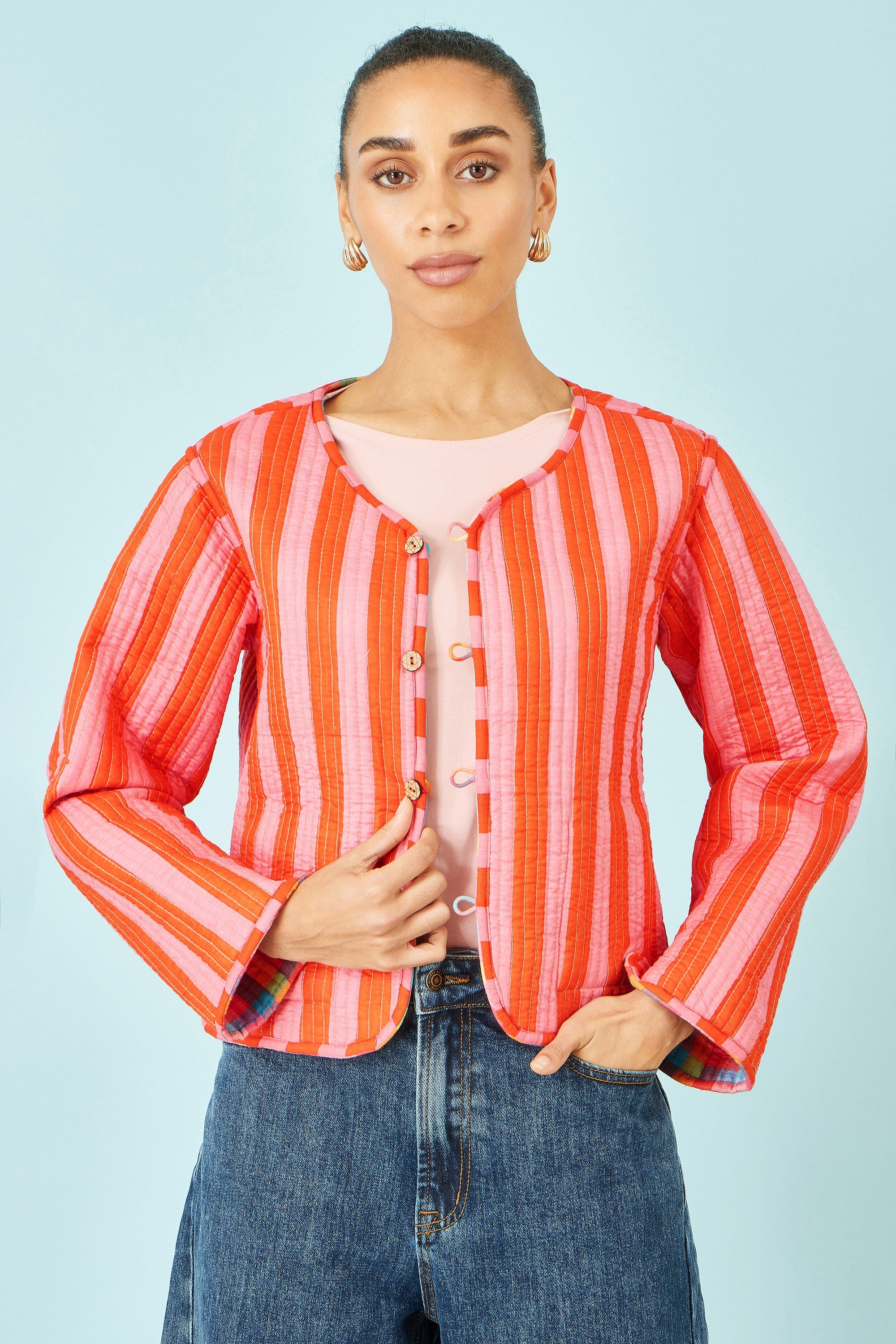 Yumi Multicolour Checked Reversible Cotton Quilted Jacket - QHA UK