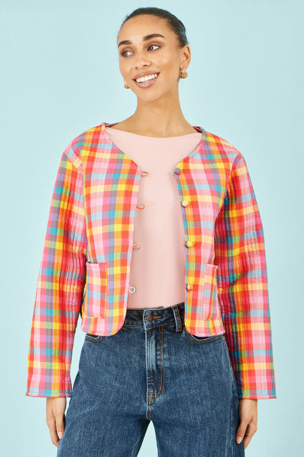 Yumi Multicolour Checked Reversible Cotton Quilted Jacket - QHA UK