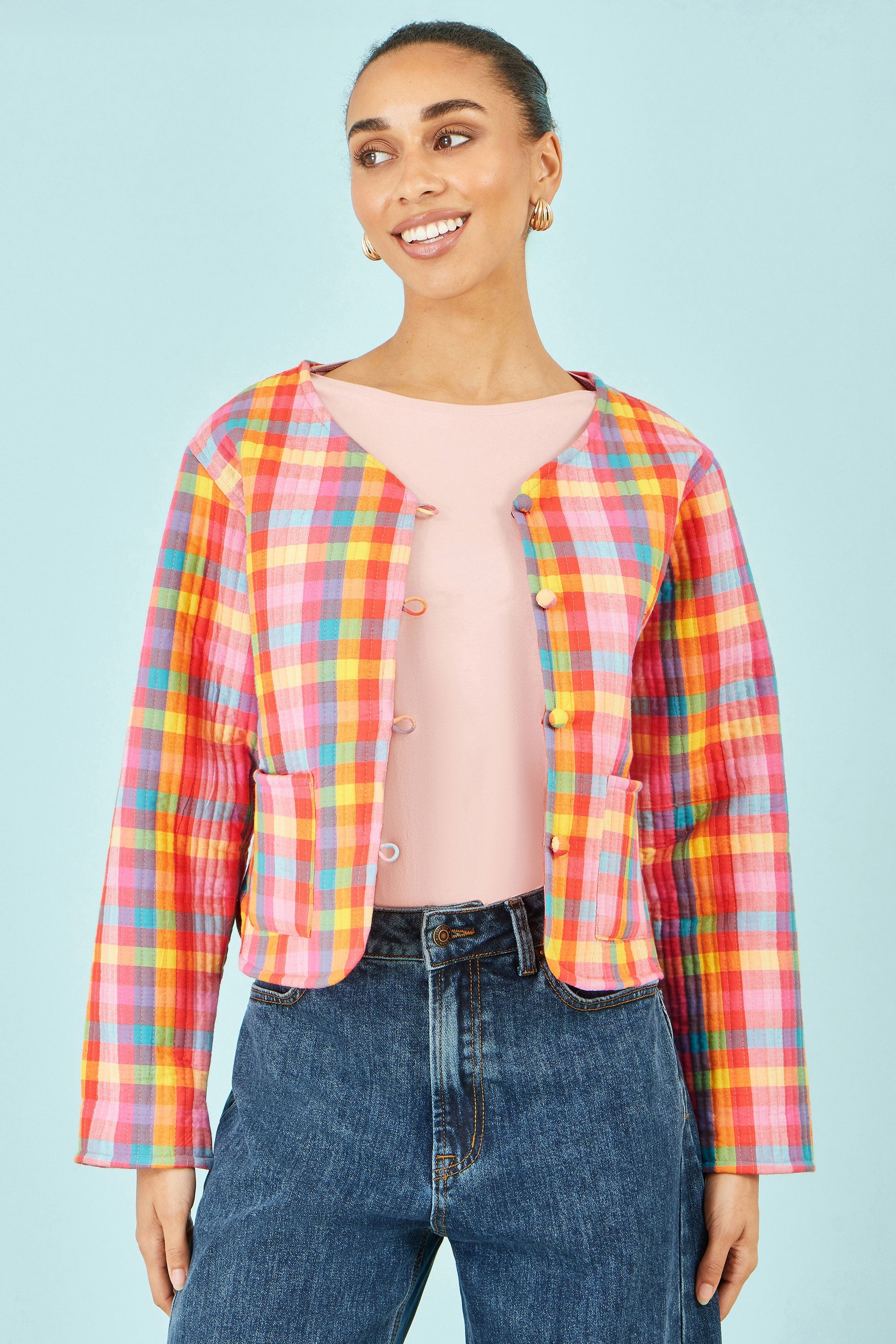 Yumi Multicolour Checked Reversible Cotton Quilted Jacket - QHA UK