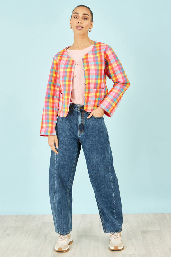 Yumi Multicolour Checked Reversible Cotton Quilted Jacket - QHA UK