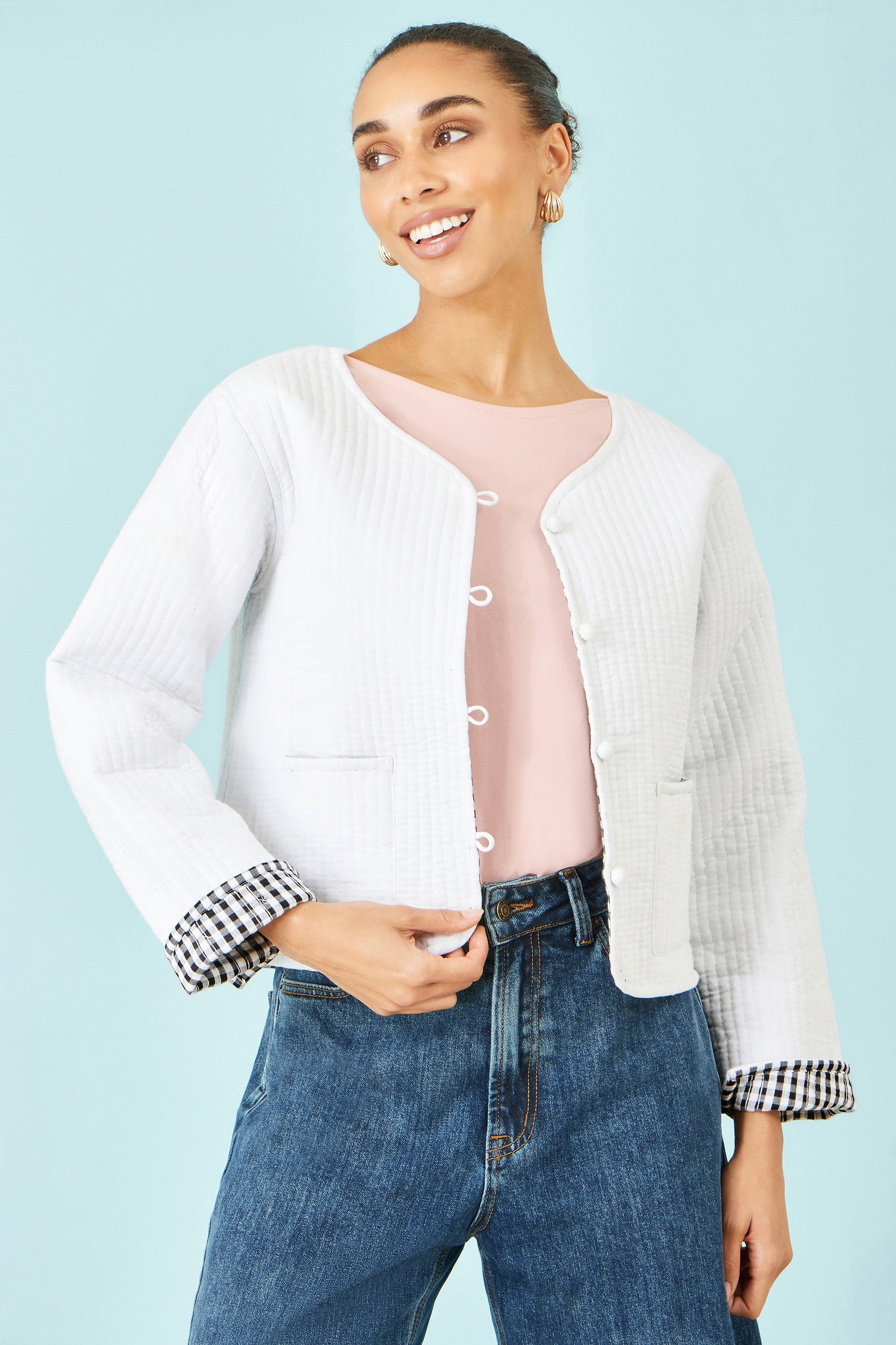 Yumi White Gingham Reversible Cotton Quilted Cropped Jacket - QHA UK