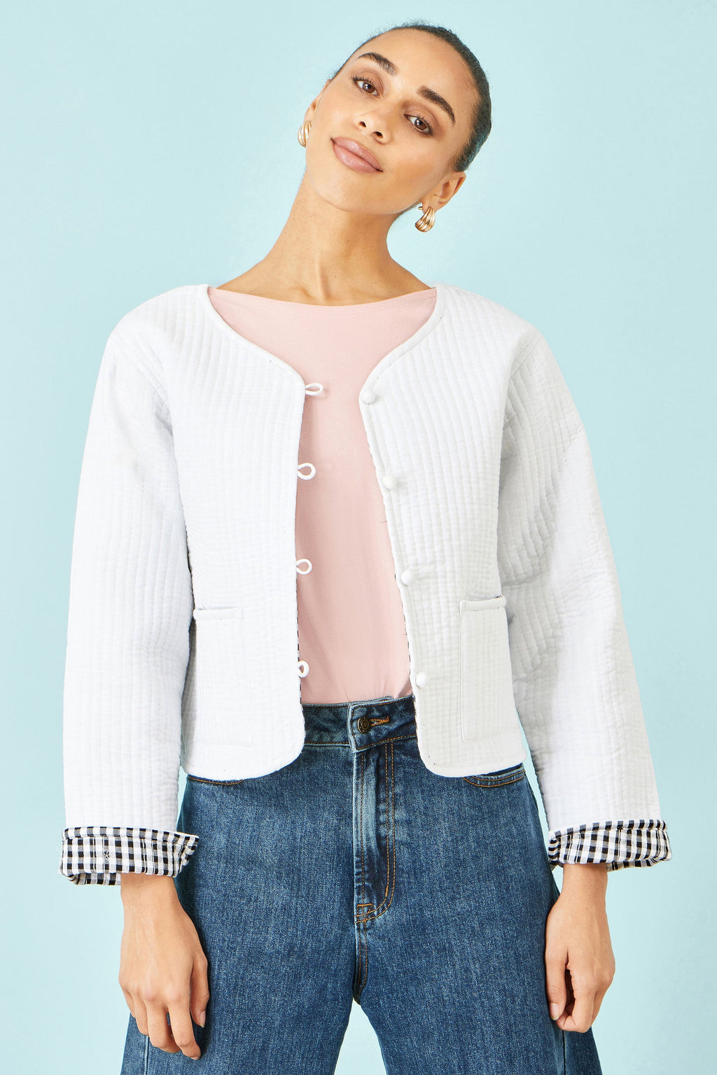 Yumi White Gingham Reversible Cotton Quilted Cropped Jacket - QHA UK