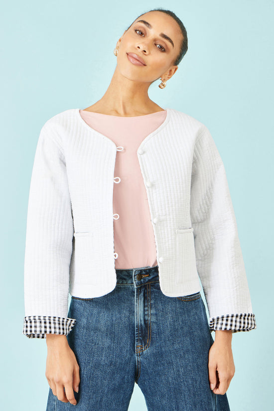 Yumi White Gingham Reversible Cotton Quilted Cropped Jacket - QHA UK