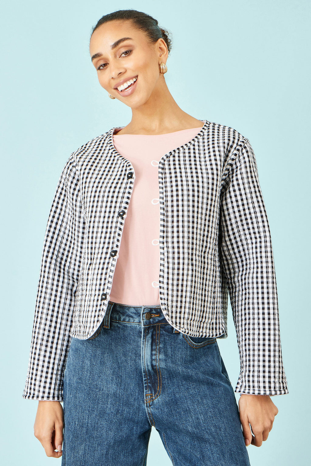 Yumi White Gingham Reversible Cotton Quilted Cropped Jacket - QHA UK