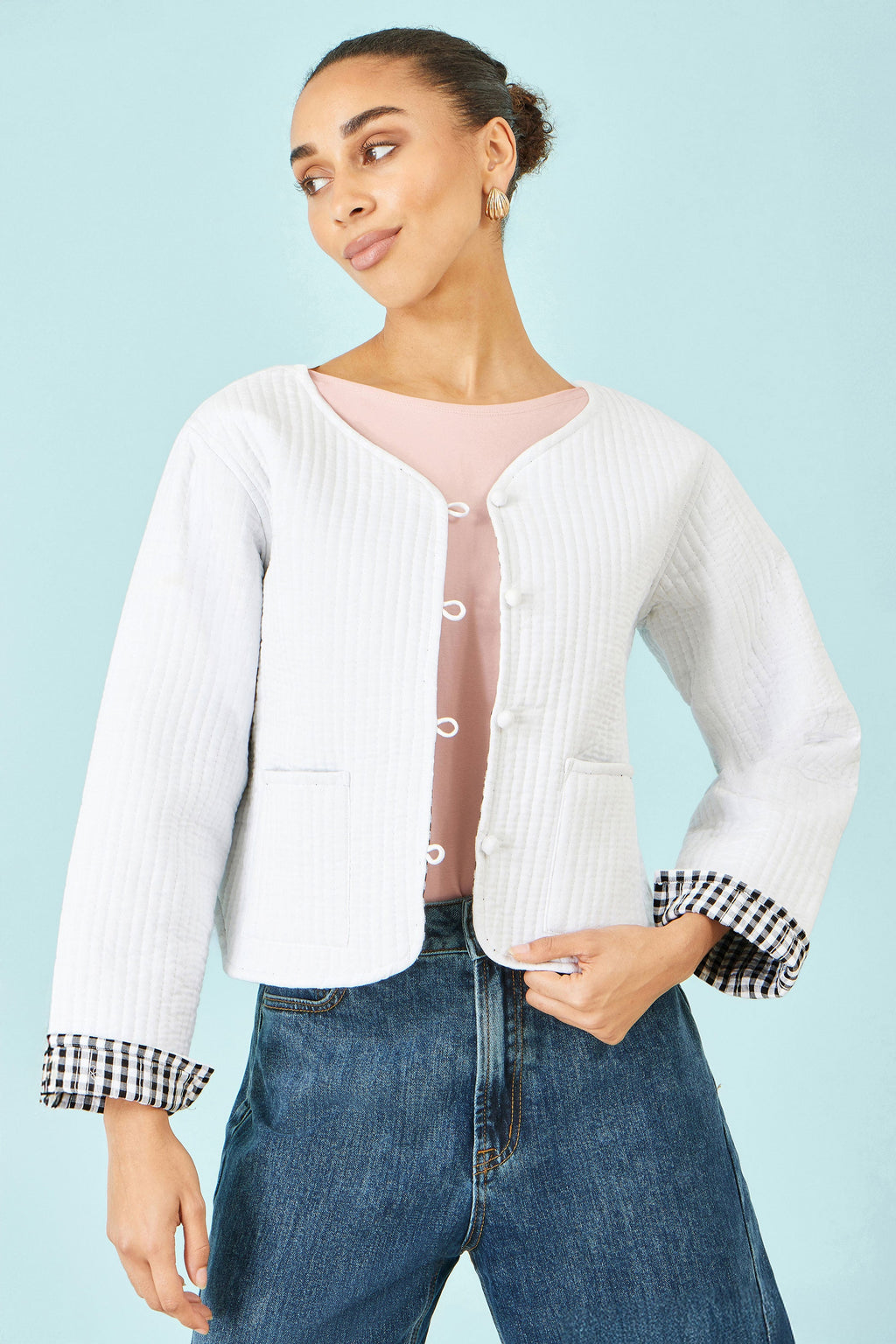 Yumi White Gingham Reversible Cotton Quilted Cropped Jacket - QHA UK