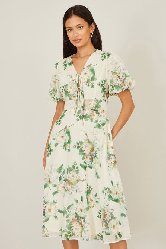 Yumi Ivory Floral Tea Dress With Front Ties - QHA UK