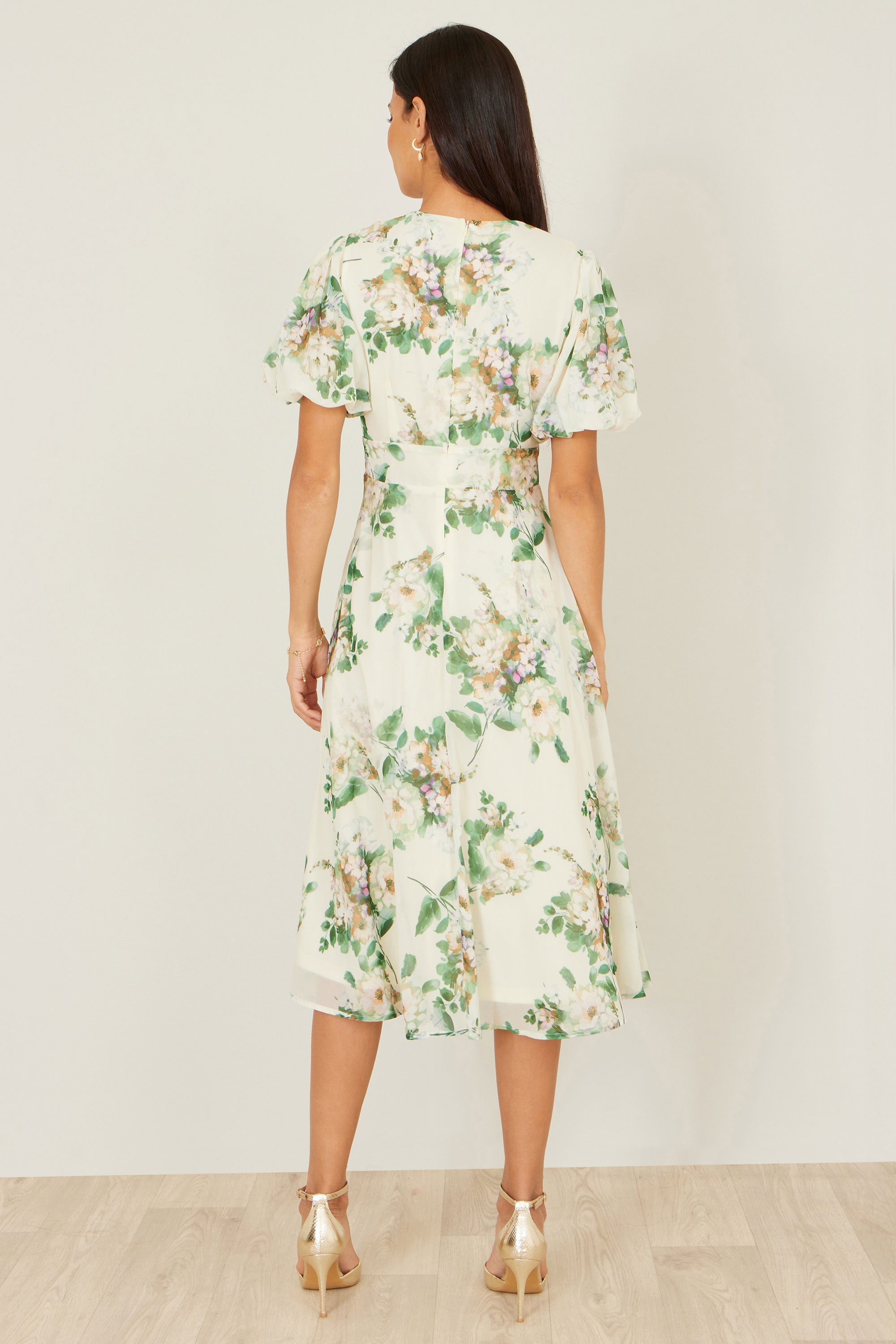 Yumi Ivory Floral Tea Dress With Front Ties