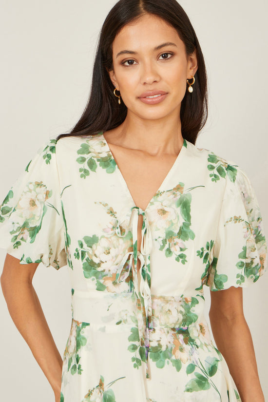Yumi Ivory Floral Tea Dress With Front Ties - QHA UK