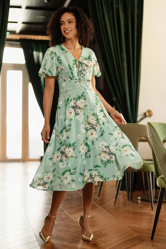 Yumi Mint Floral Tea Dress With Front Ties - QHA UK