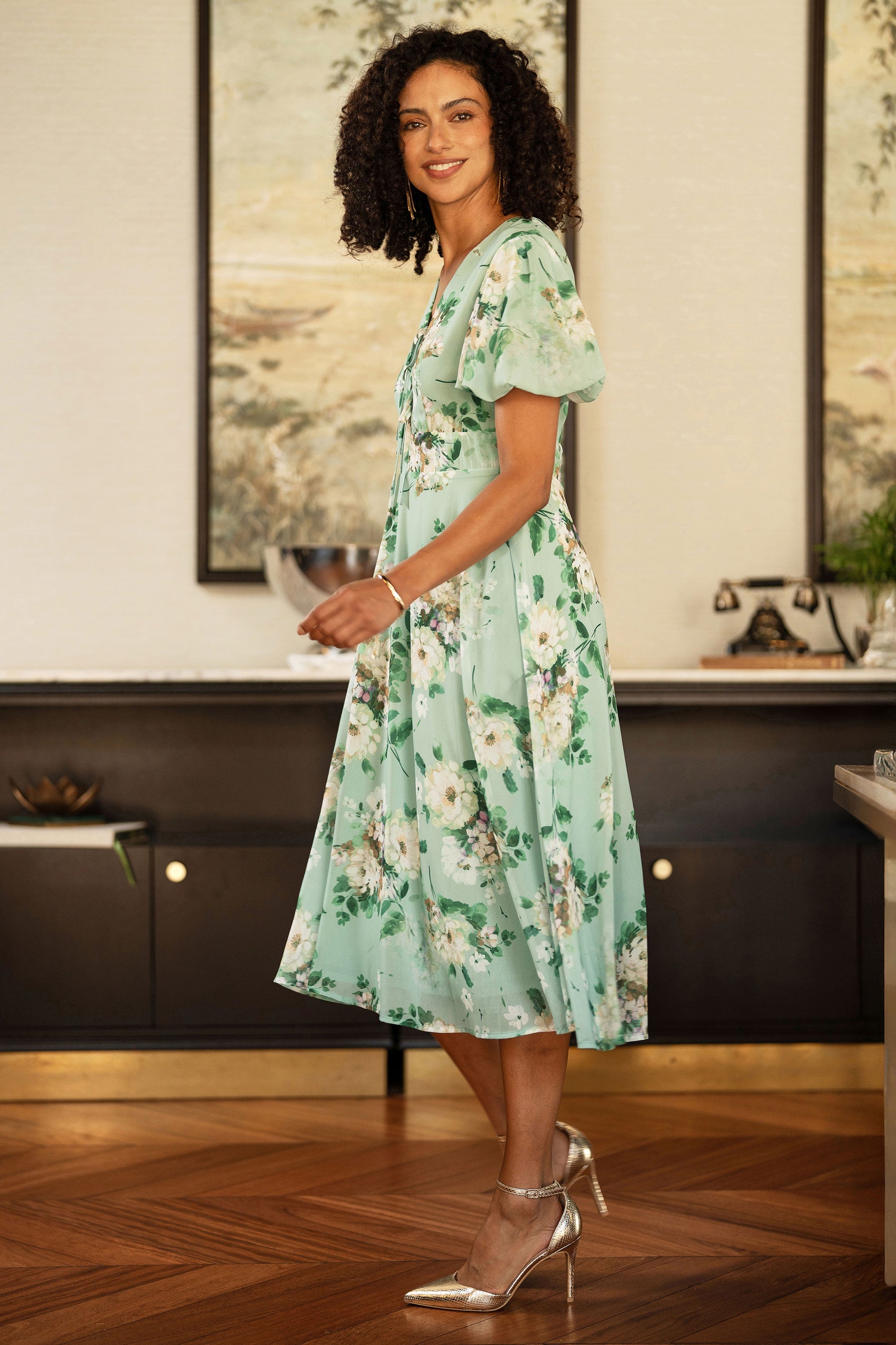 Yumi Mint Floral Tea Dress With Front Ties