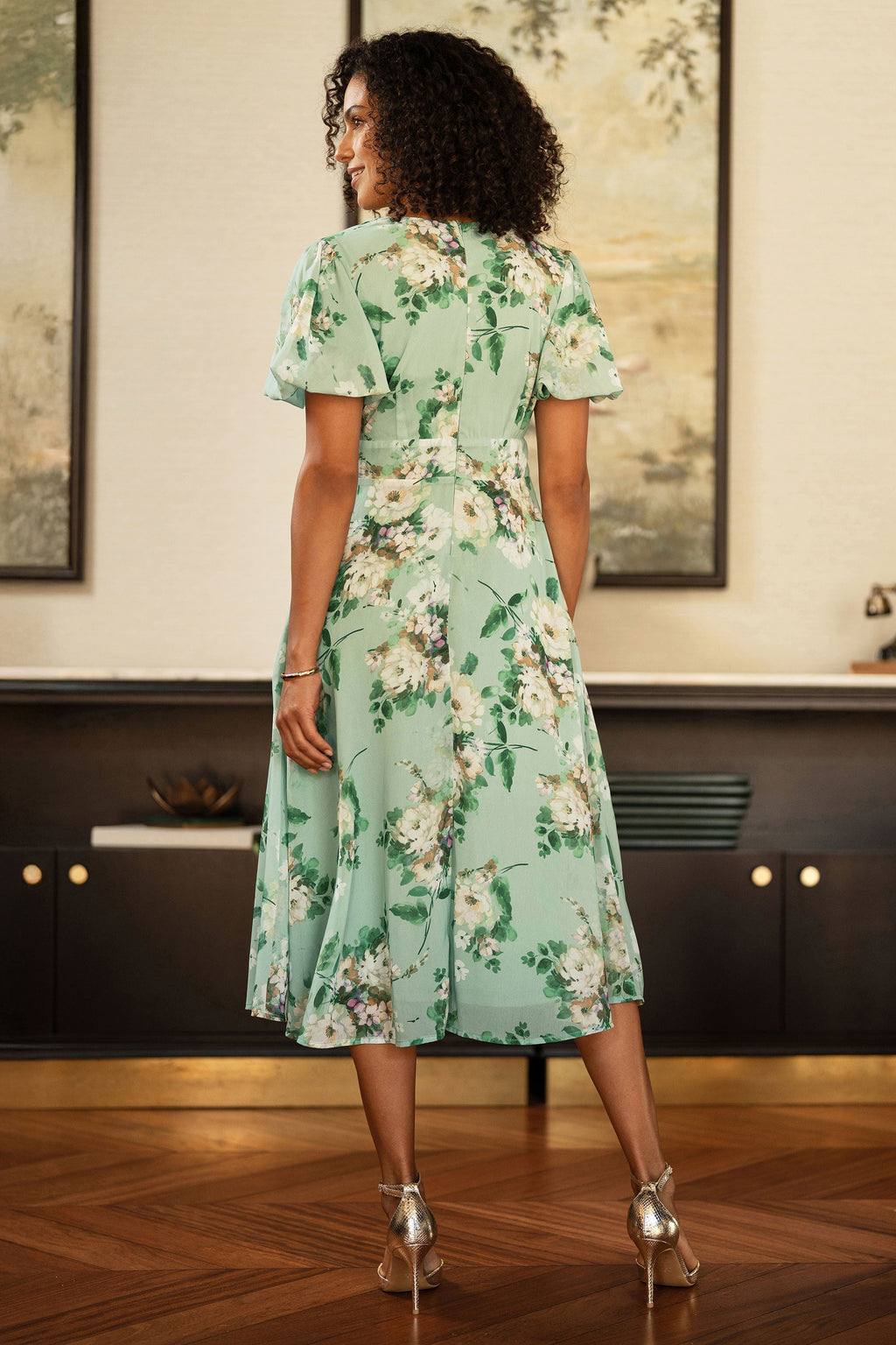Yumi Mint Floral Tea Dress With Front Ties