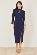 Yumi Navy Fitted Midi Dress With Flute Sleeves - QHA UK