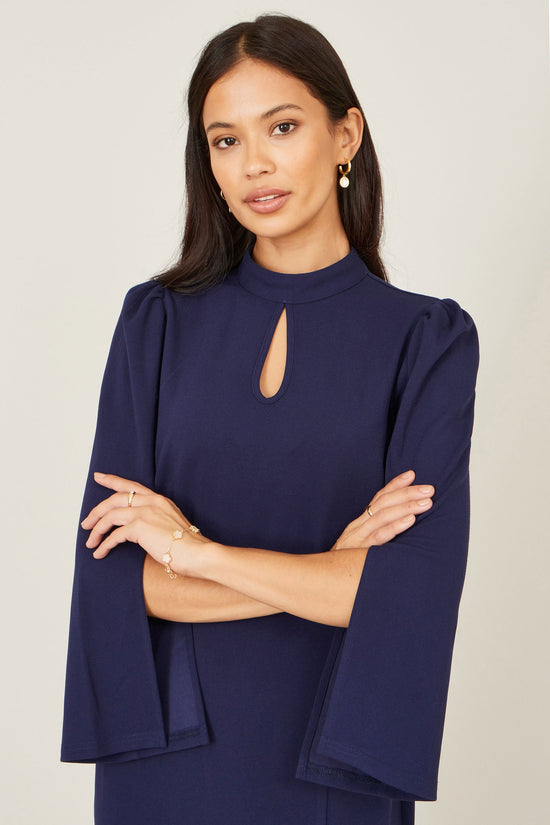 Yumi Navy Fitted Midi Dress With Flute Sleeves - QHA UK