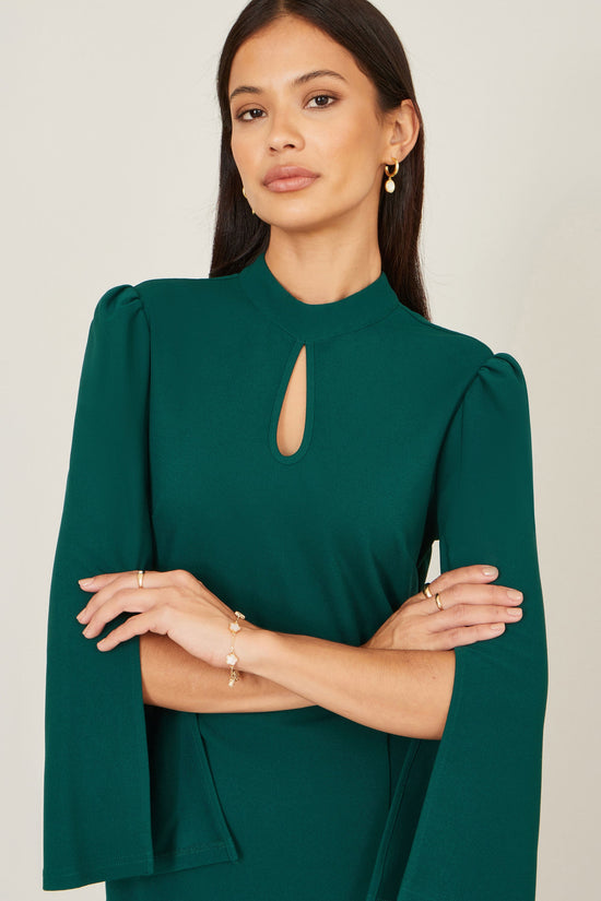 Yumi Green Fitted Midi Dress With Flute Sleeves - QHA UK