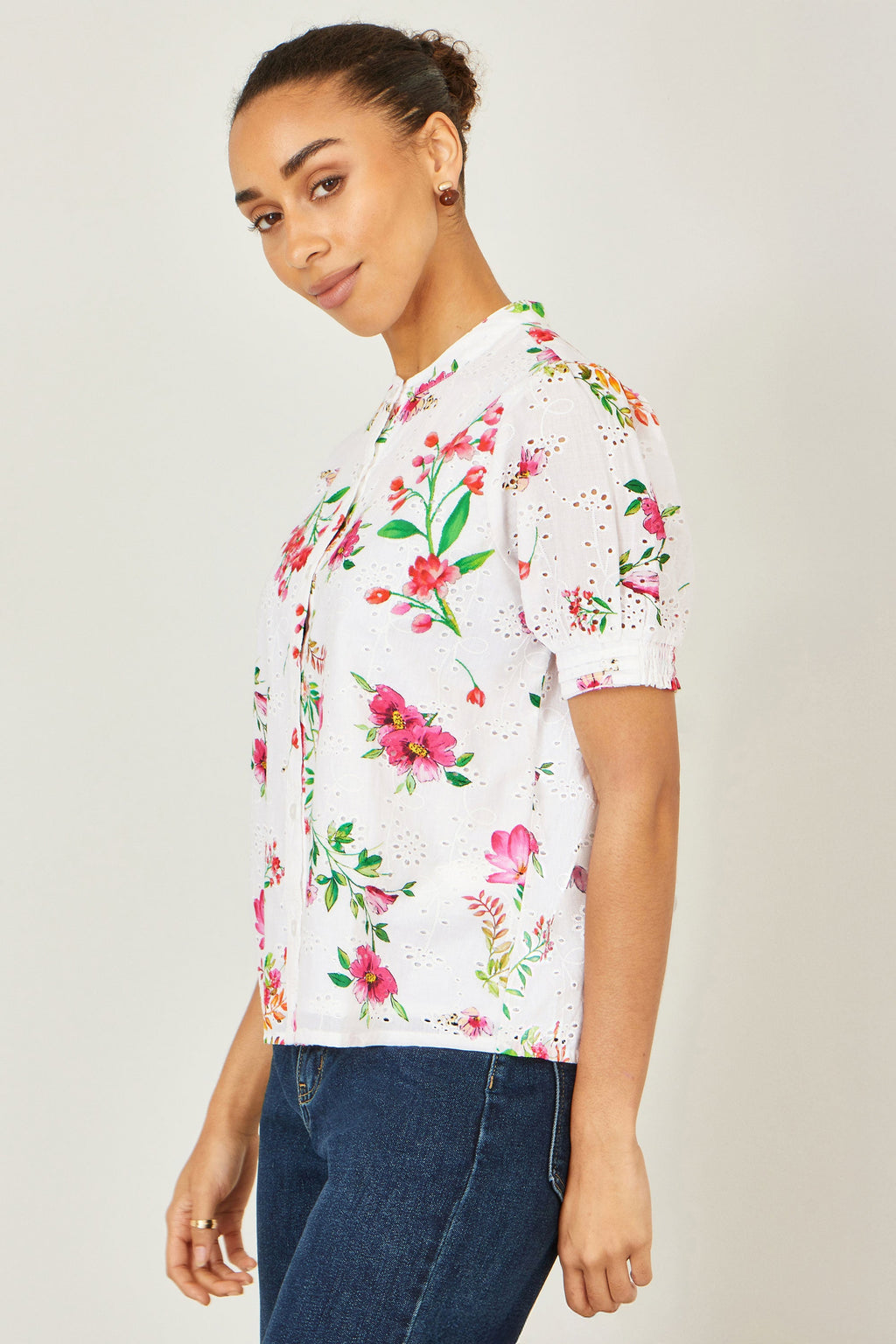 Yumi White Cotton Broderie Anglaise Floral Shirt - QHA UK