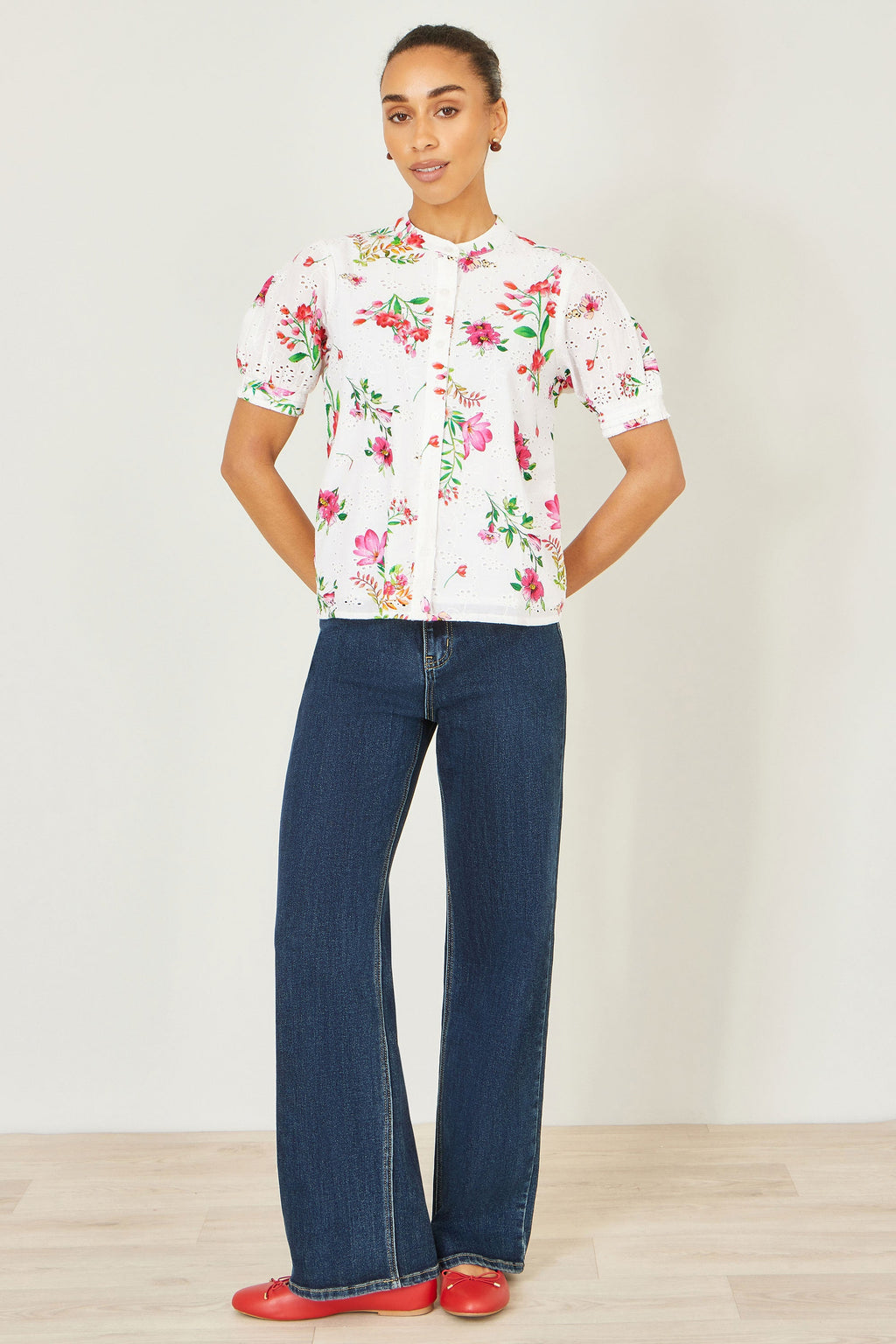Yumi White Cotton Broderie Anglaise Floral Shirt - QHA UK