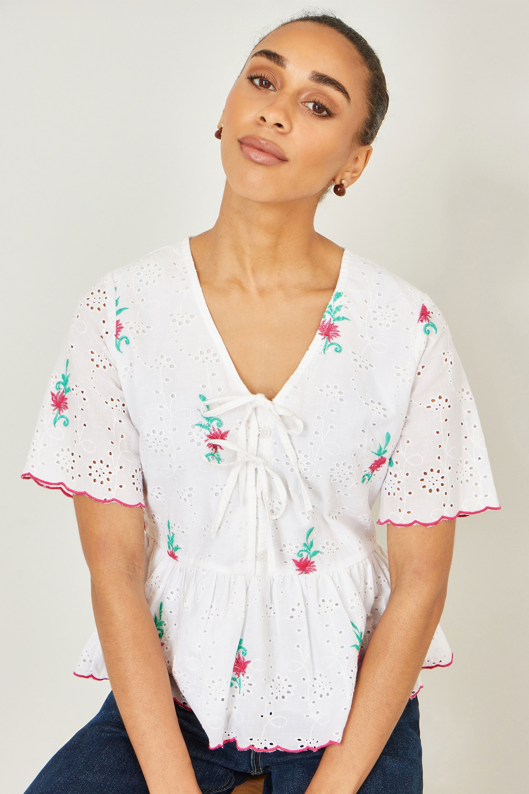Yumi White Cotton Broderie Anglaise Embroidered Tie Top
