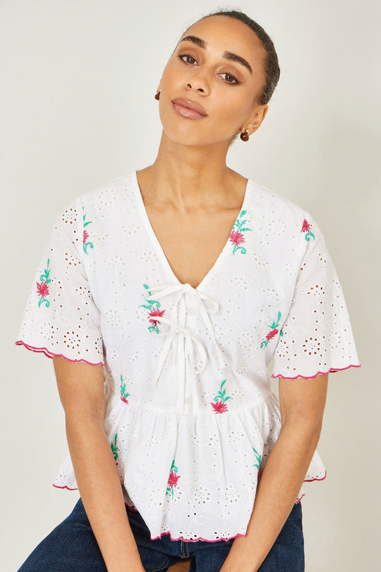 Yumi White Cotton Broderie Anglaise Embroidered Tie Top - QHA UK