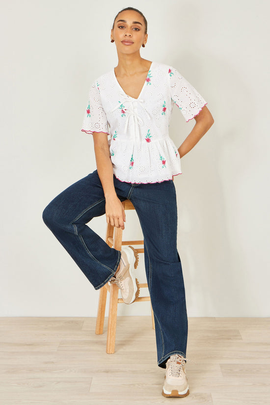 Yumi White Cotton Broderie Anglaise Embroidered Tie Top - QHA UK
