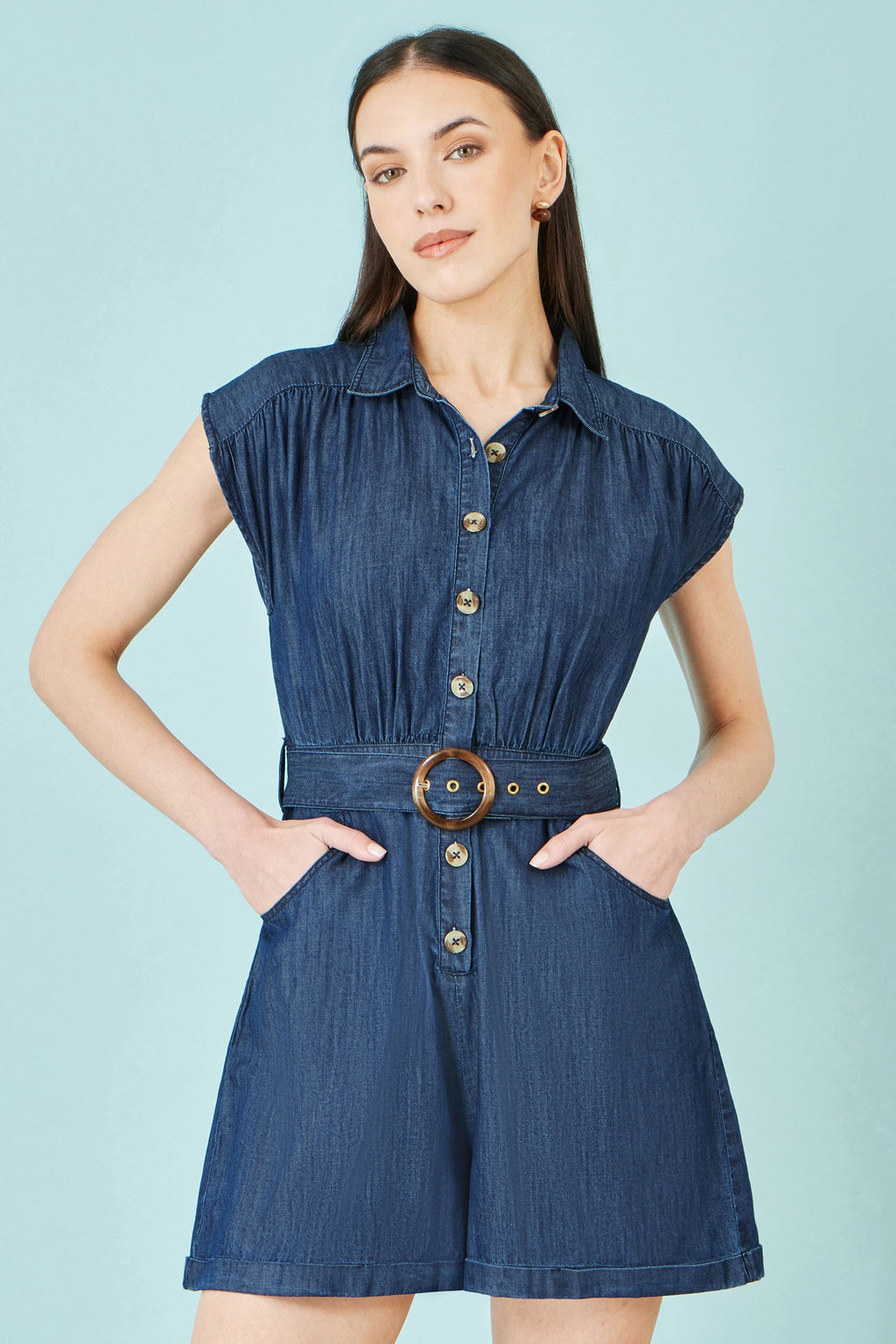 Yumi Blue Chambray Cotton Playsuit - QHA UK