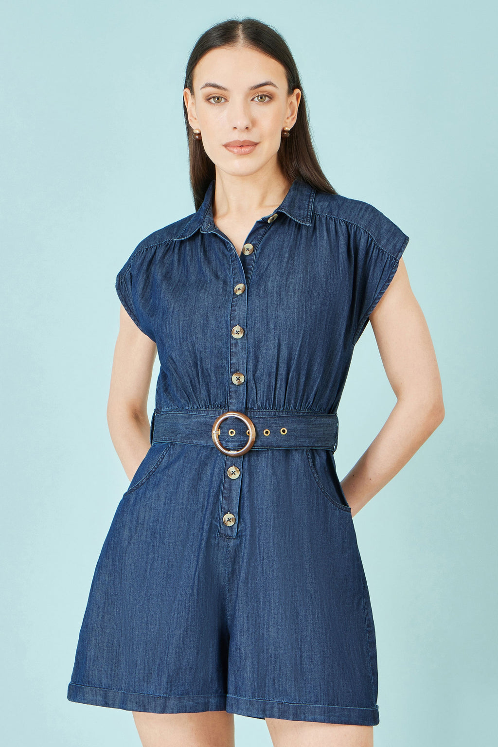 Yumi Blue Chambray Cotton Playsuit - QHA UK