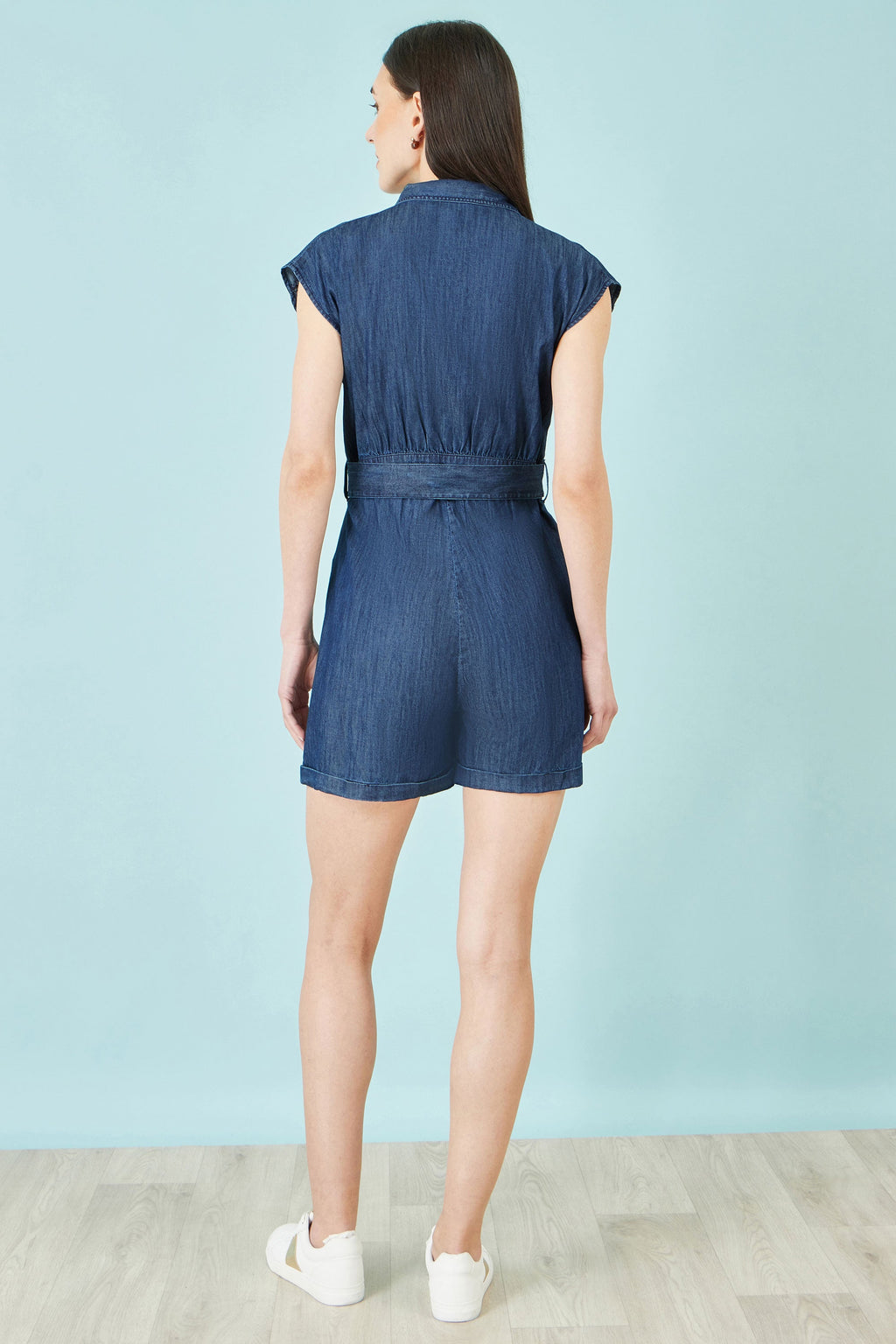 Yumi Blue Chambray Cotton Playsuit - QHA UK
