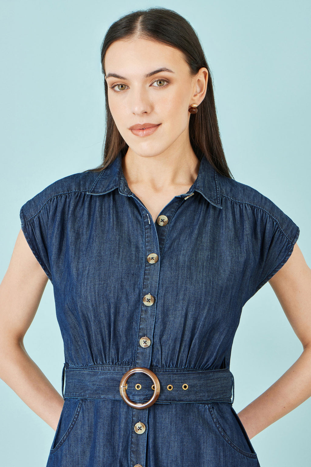 Yumi Blue Chambray Cotton Playsuit - QHA UK
