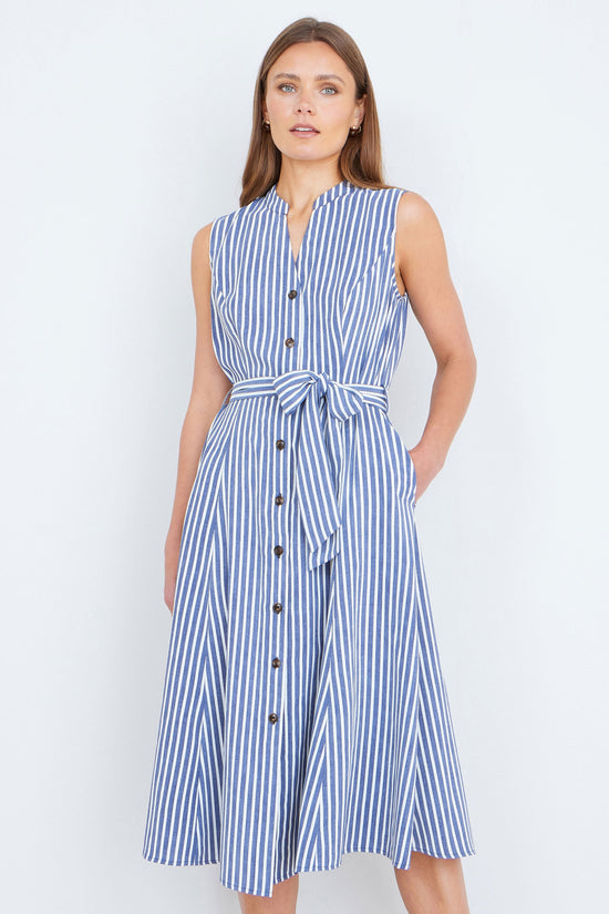 Yumi Navy Stripe Midi Sleeveless Shirt Dress - QHA UK