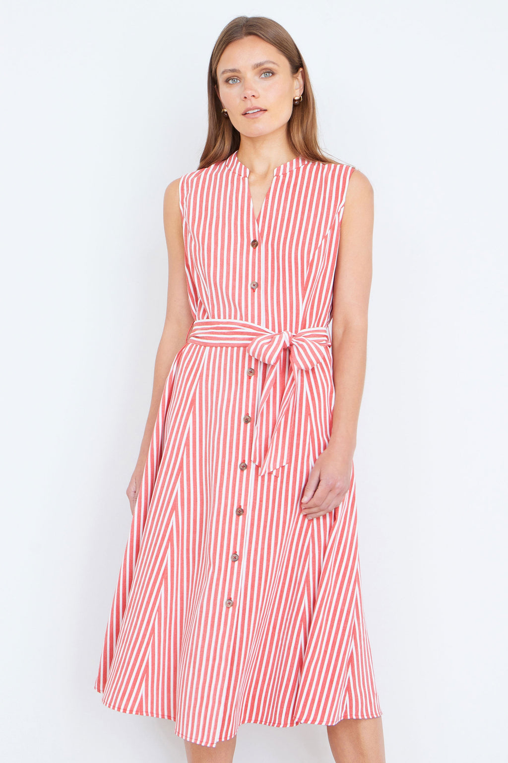 Yumi Red Stripe Midi Sleeveless Shirt Dress - QHA UK