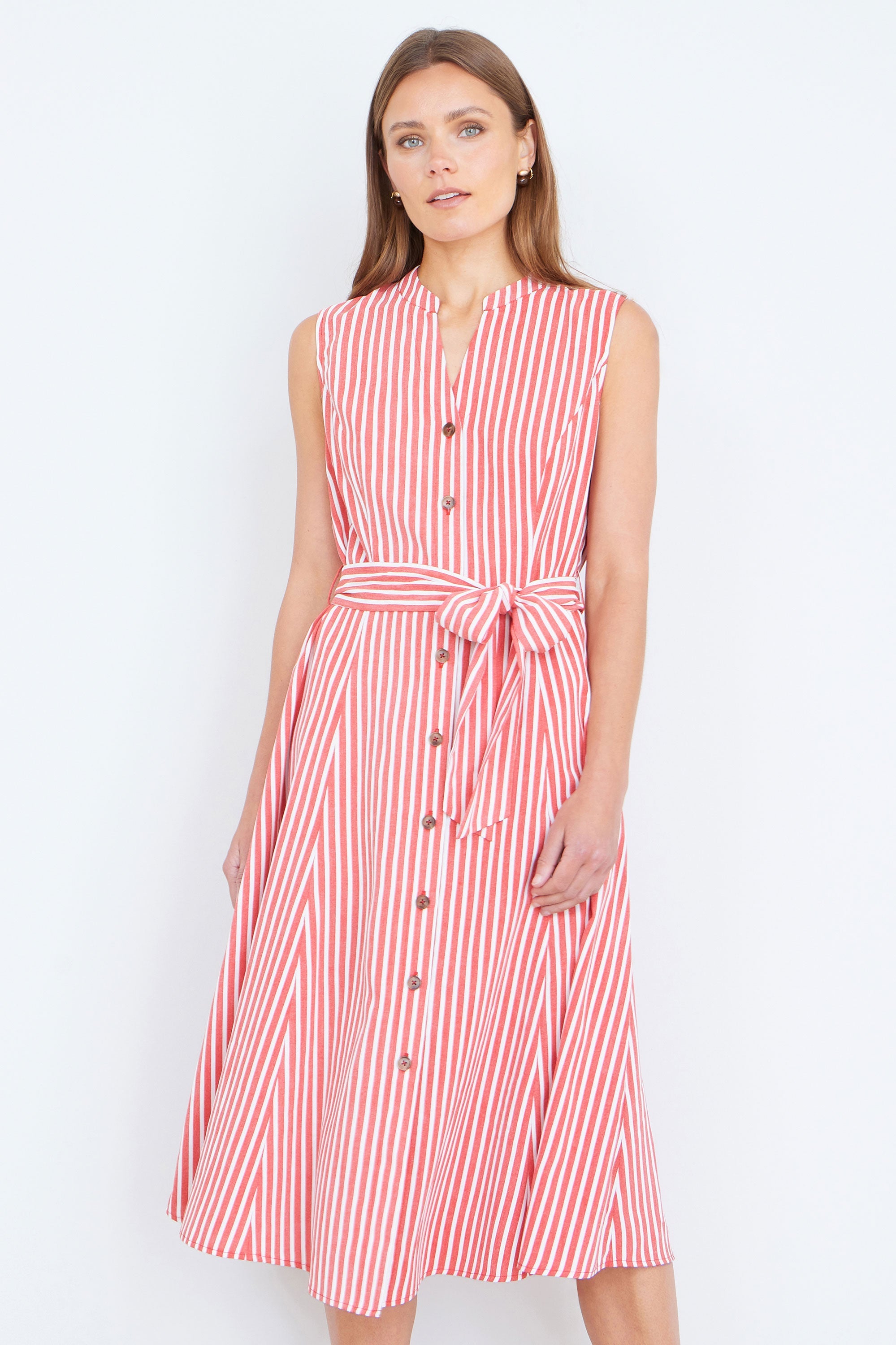 Yumi Red Stripe Midi Sleeveless Shirt Dress - QHA UK