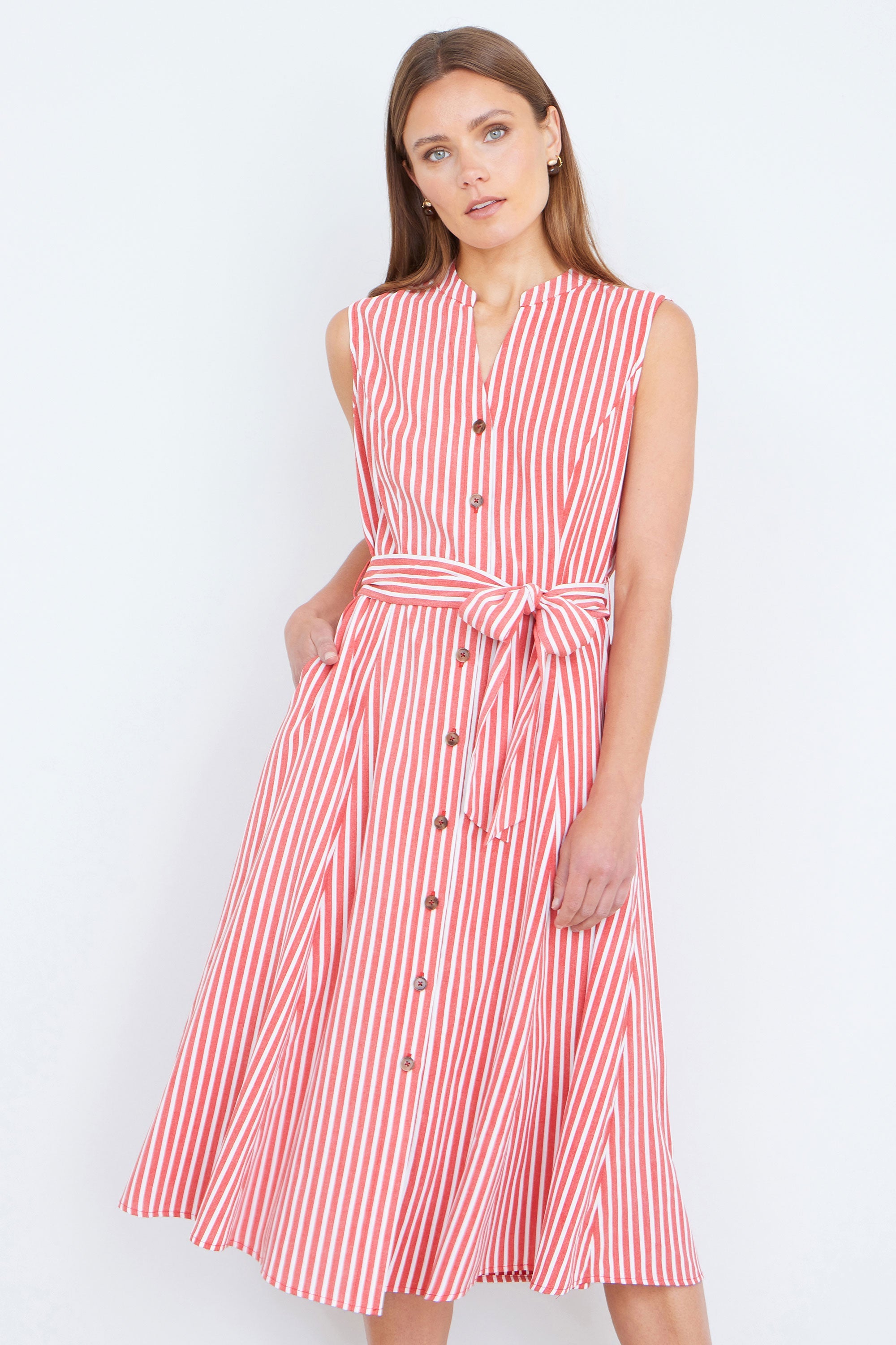 Yumi Red Stripe Midi Sleeveless Shirt Dress - QHA UK