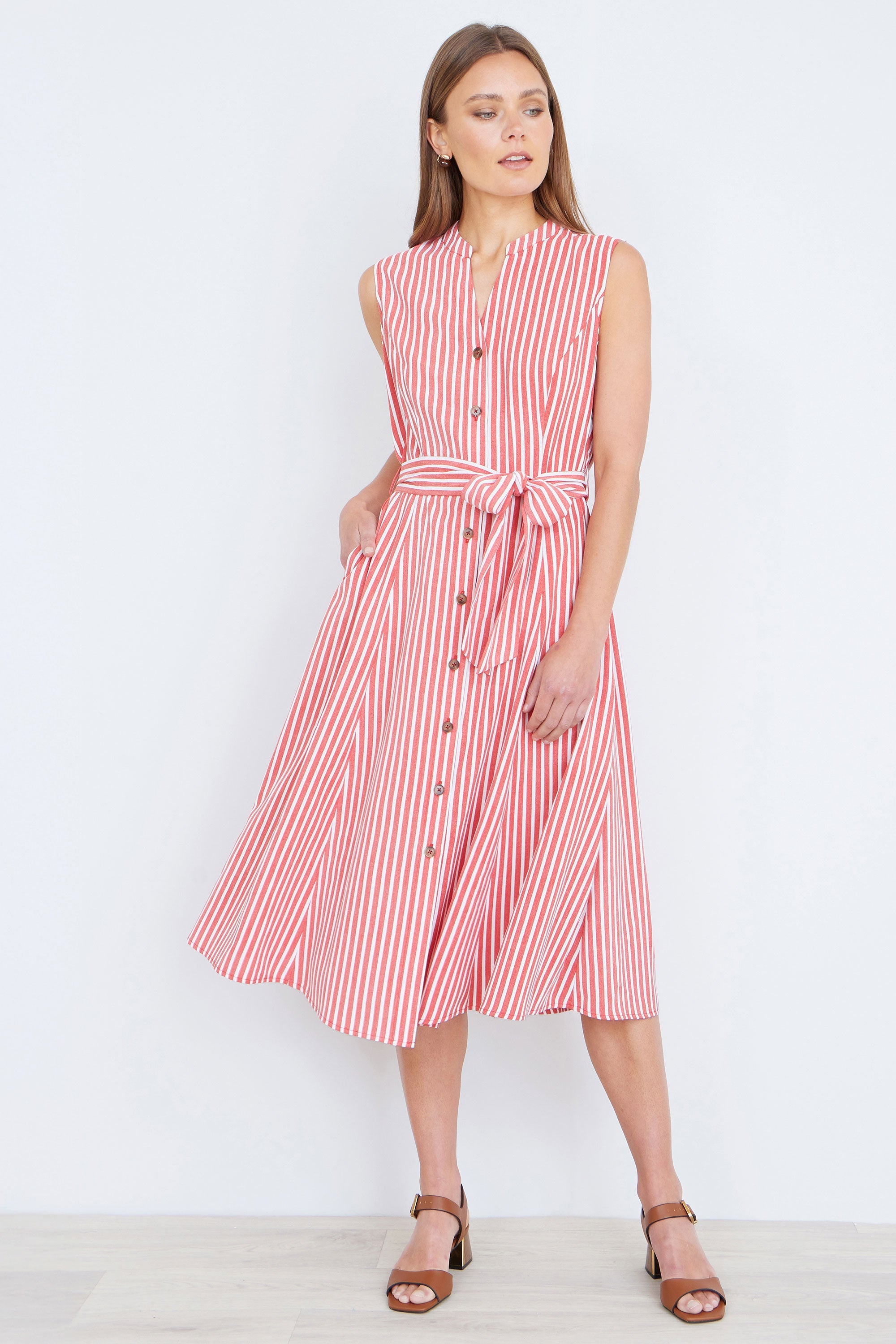 Yumi Red Stripe Midi Sleeveless Shirt Dress - QHA UK