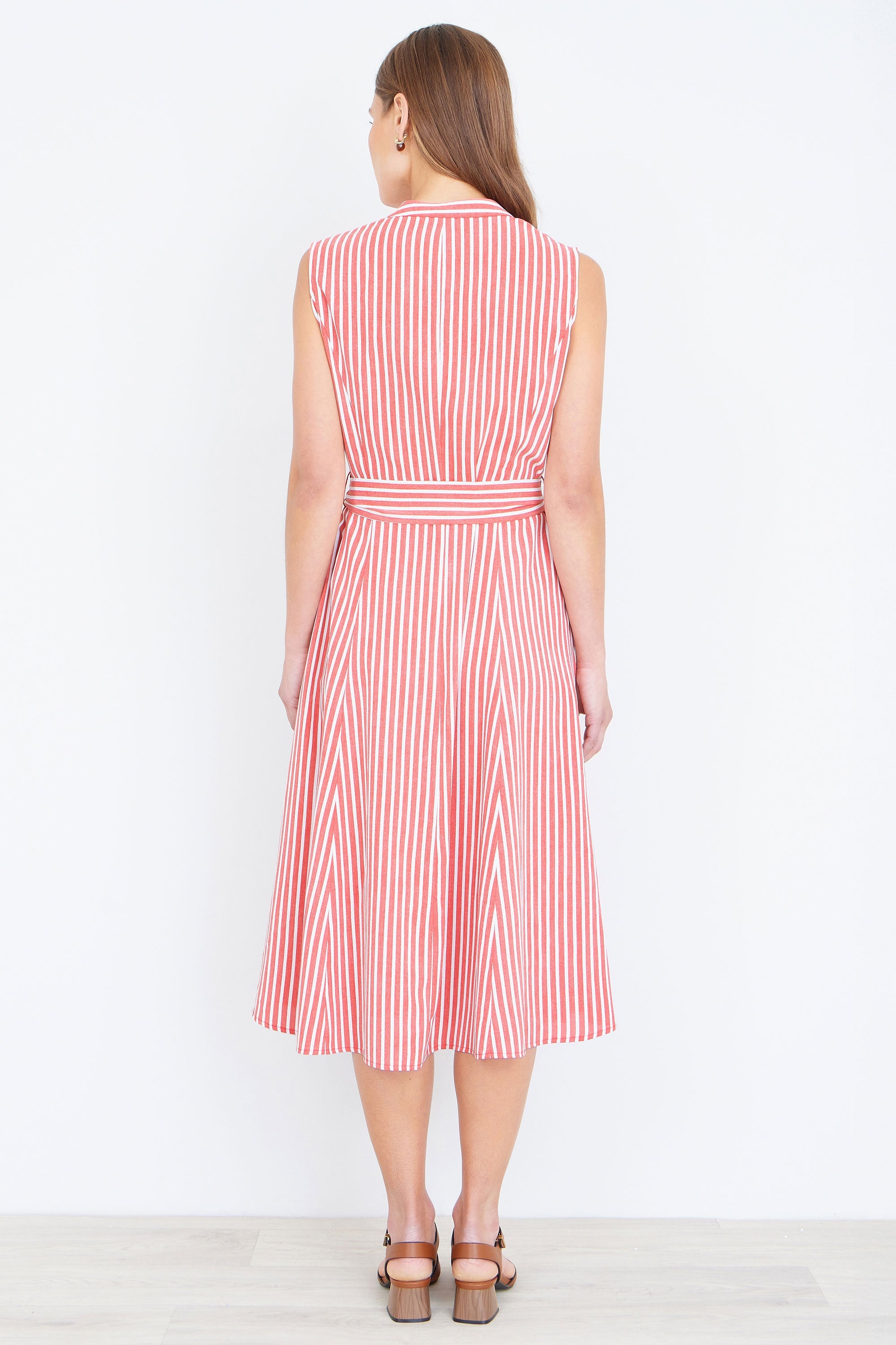 Yumi Red Stripe Midi Sleeveless Shirt Dress - QHA UK