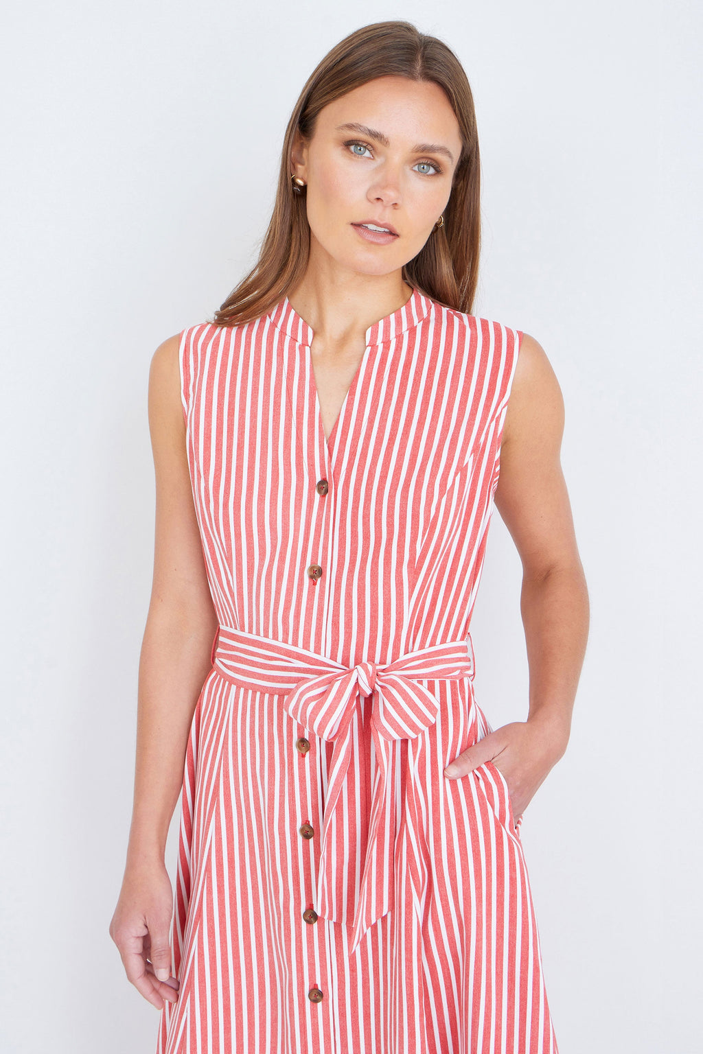 Yumi Red Stripe Midi Sleeveless Shirt Dress - QHA UK